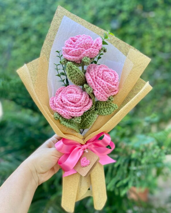 Pink  Rose Crochet Flower Bouquet - Image 2
