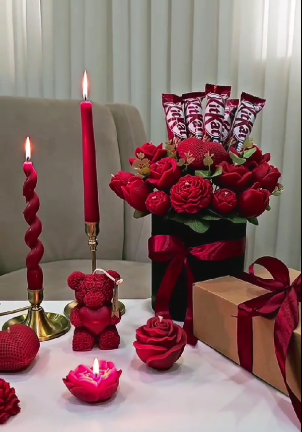 Red Candle & Chocolate Bouquet Set - Image 3